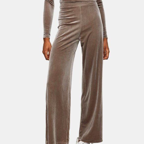 Topshop‎ US 4 6 UK Small S Taupe Velour Velvet Wide Leg High Rise Pull On Pants - Picture 1 of 8